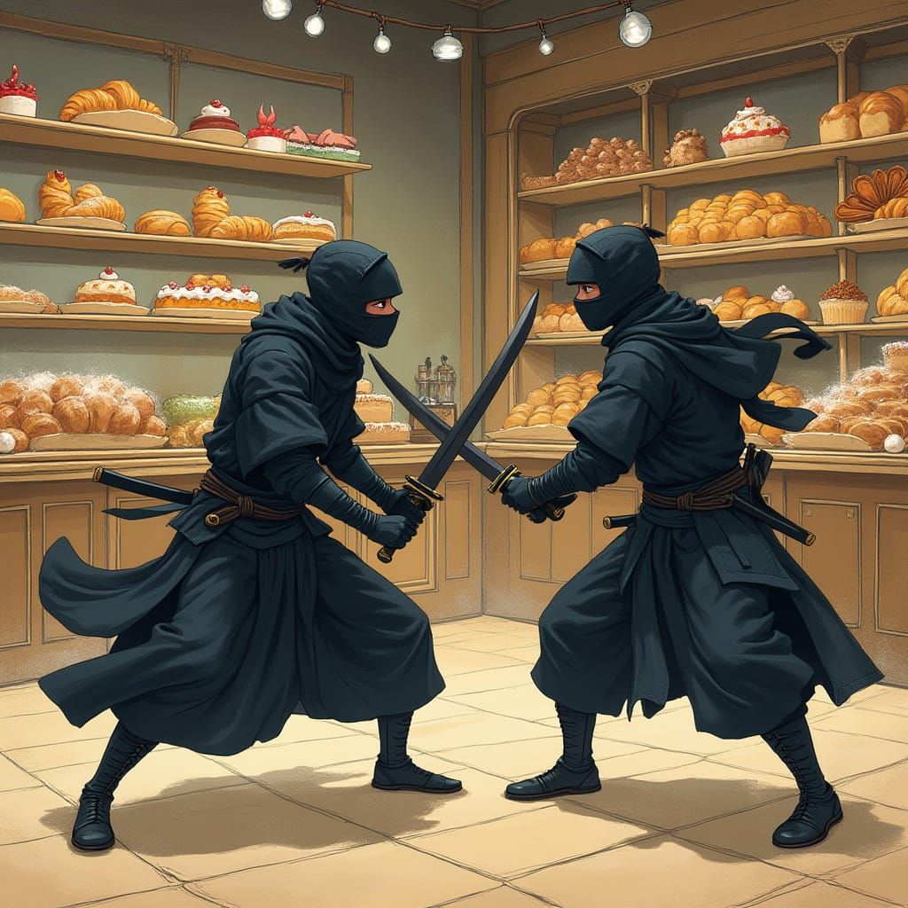 Ninja Battles Samurai in French Pastry Shop in Vibrant Anime...
