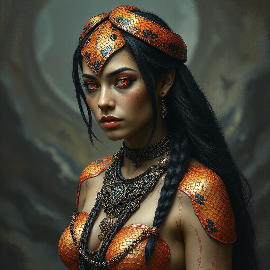 Snake-Scaled Woman with Glowing Eyes in Photorealistic Style