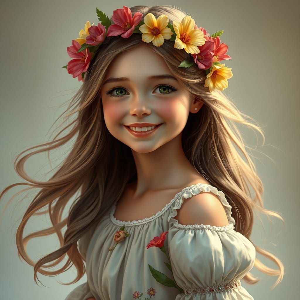 Girl Weaving Flower Crown in Art Nouveau Style