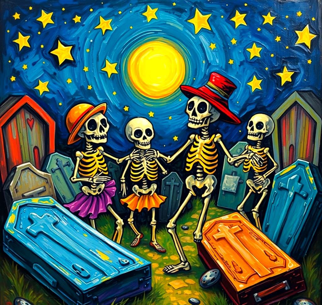 Vibrant Skeletons Dancing in a Graveyard under a Bright Nigh...