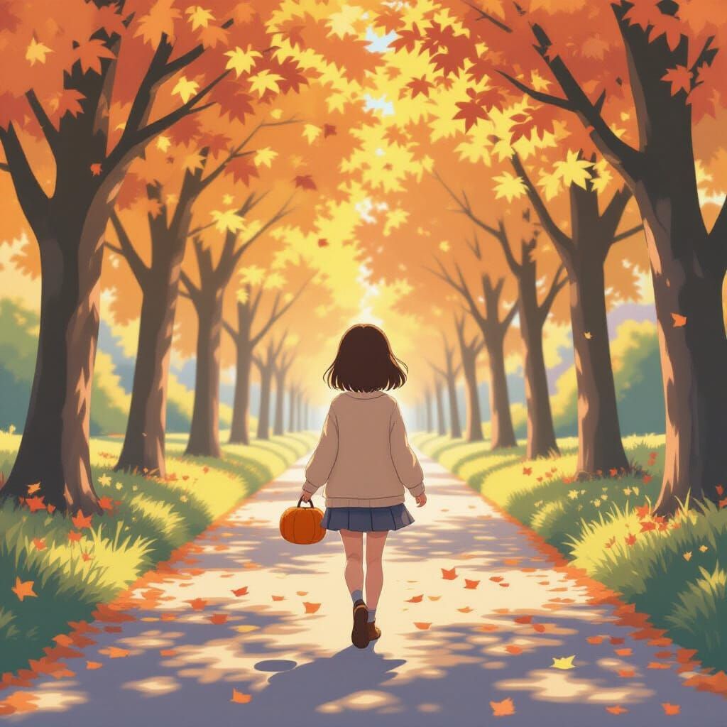 Anime Girl Strolling Through Autumnal Path