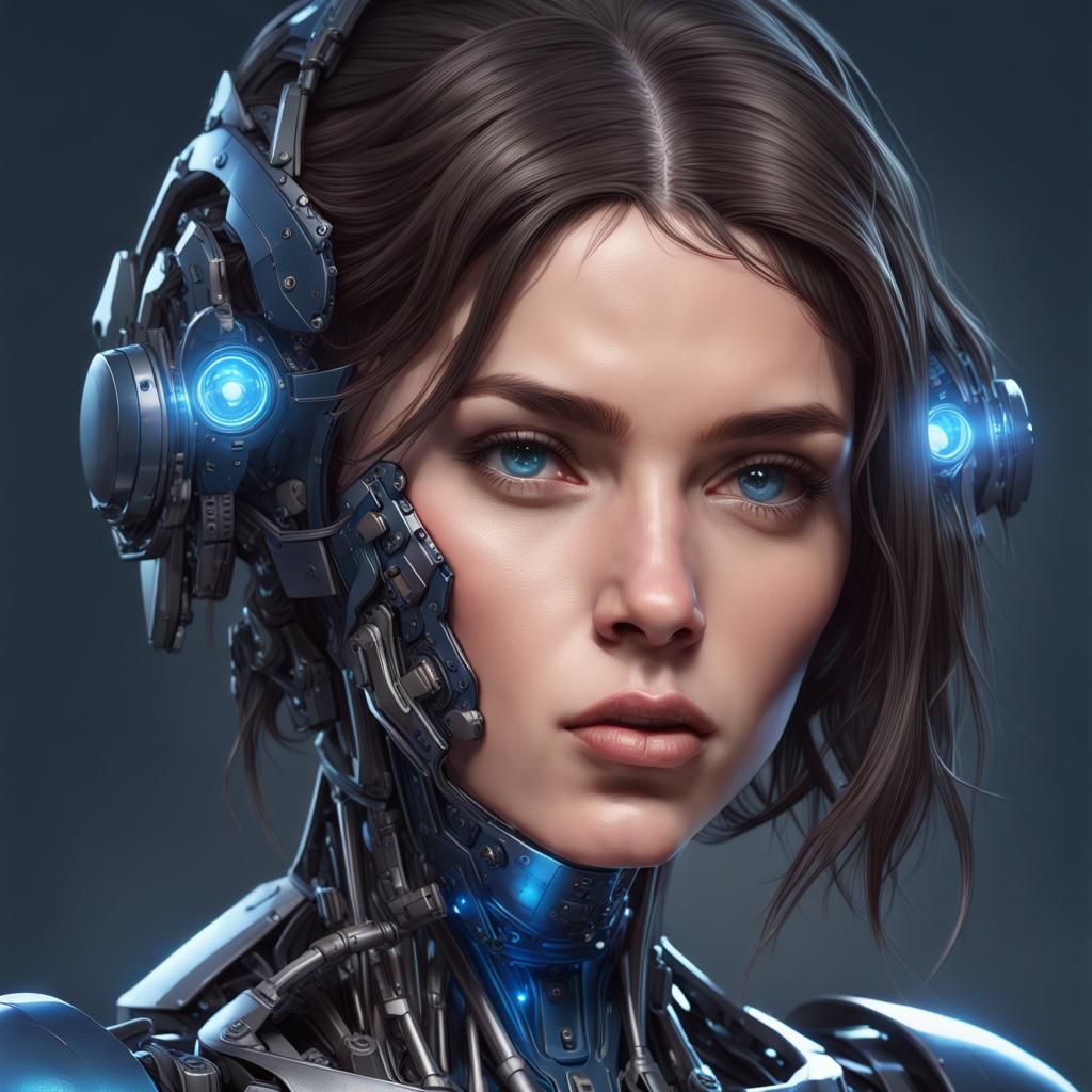 Brunette Cyborg Head Portrait in Hyperdetailed Style