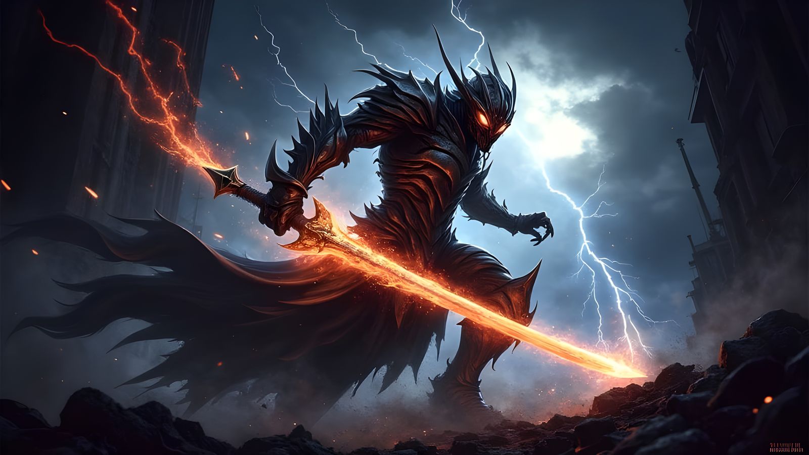 Armored Warrior Advances with Fiery Sword: Concept Art