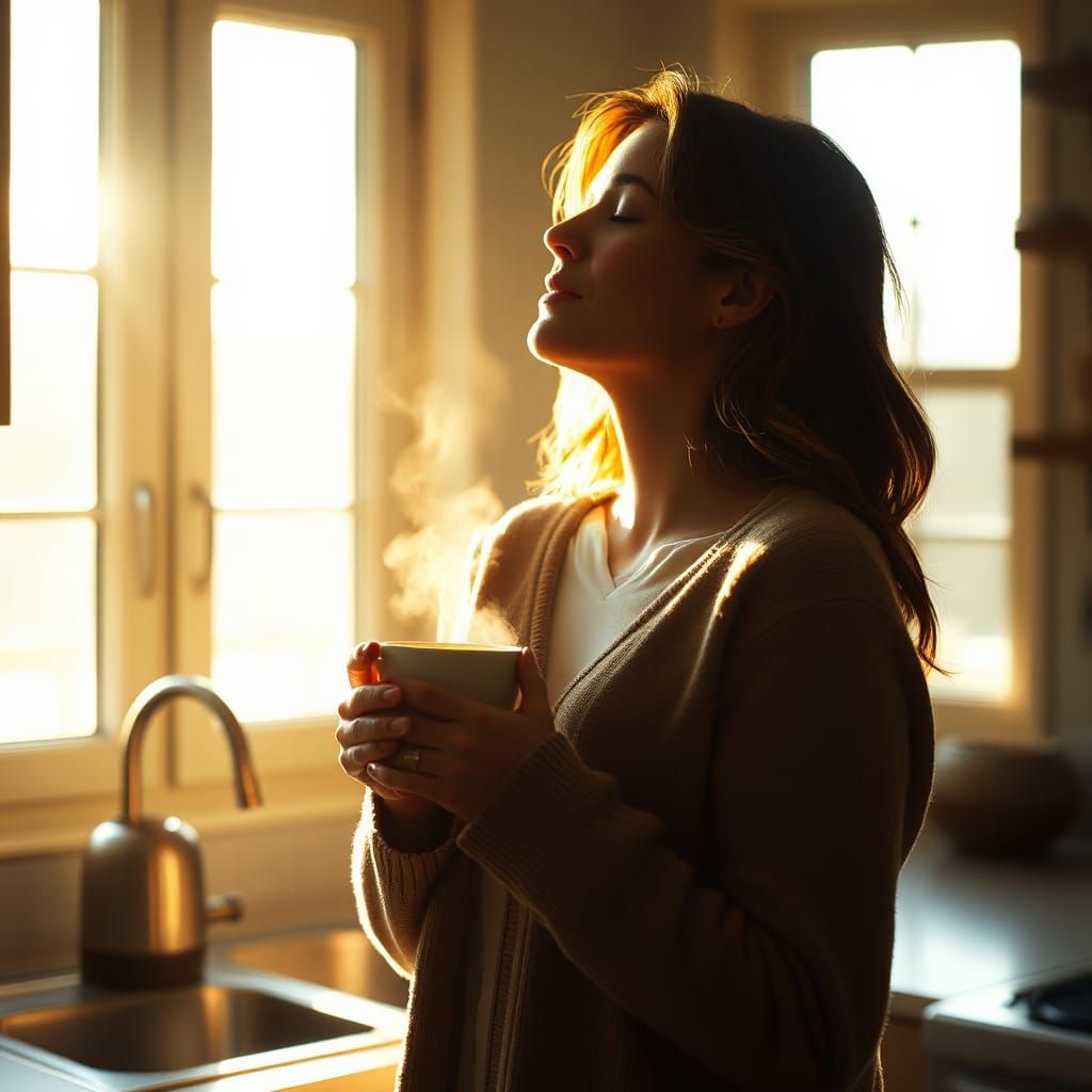 Serene Morning: Woman and Coffee in Sunlight