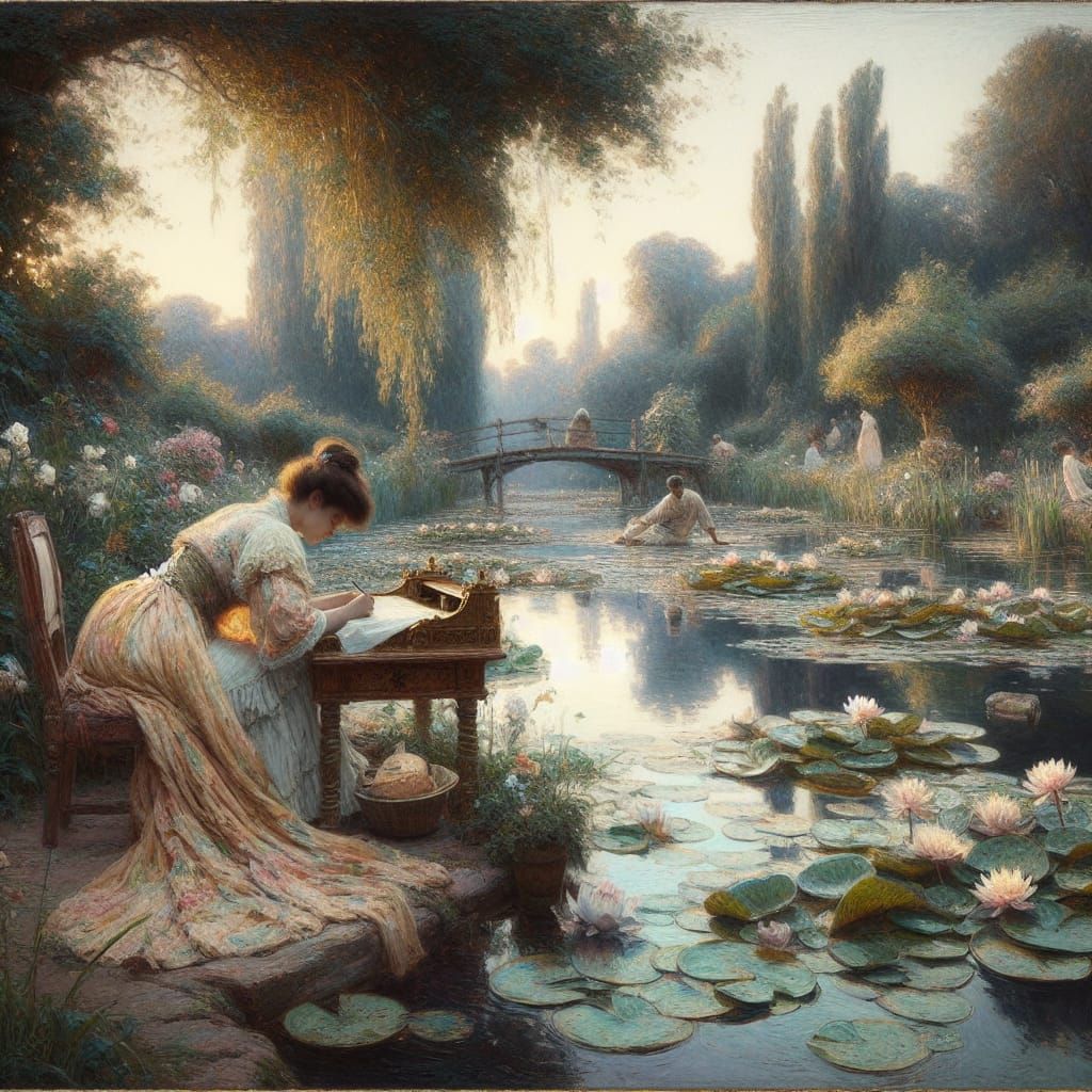 Impressionist Pond Scene with Woman Writing Letter