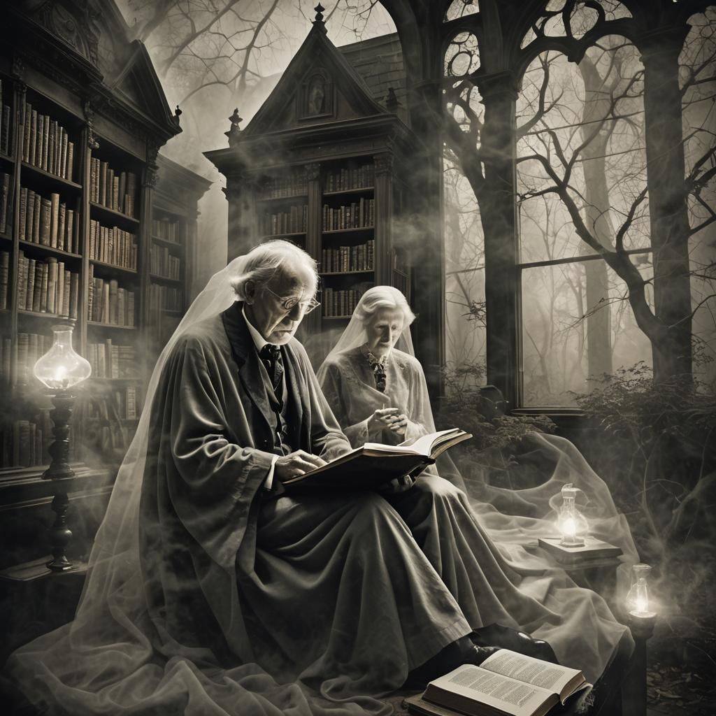 Ethereal Woman in Victorian Library: Double Exposure Photogr...