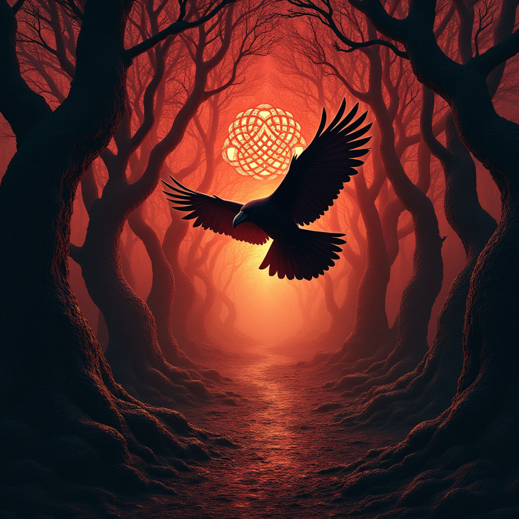 Celtic Raven Soaring Through Knotwork Forest