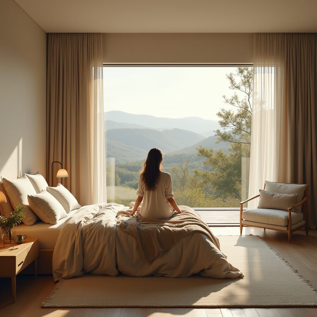 Elegant Woman in Bedroom with Rolling Hills View