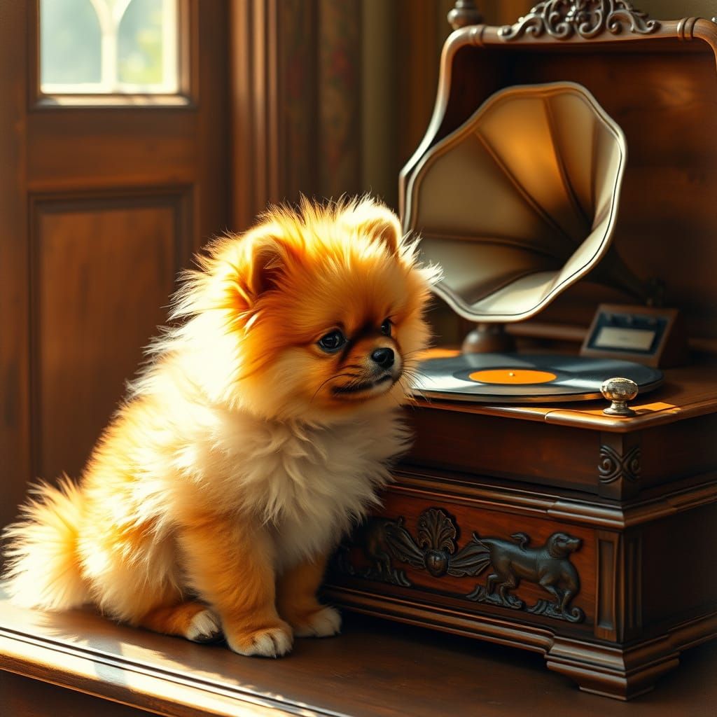 Pomeranian Puppy and a Old Victrola