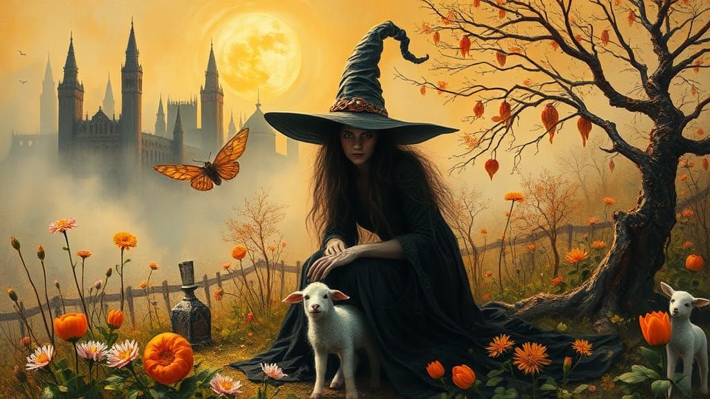 Halloween Witch in Springtime Landscape, Surreal Art