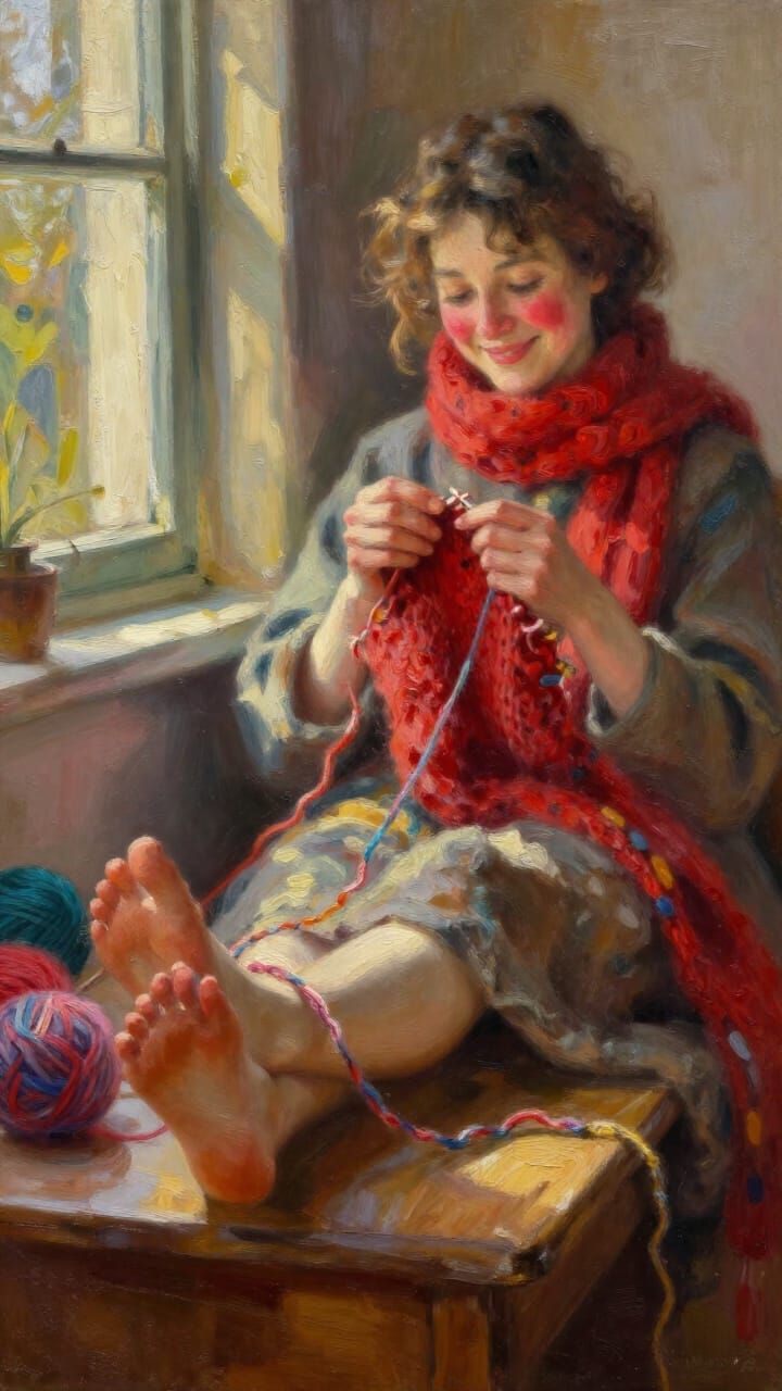 Woman Knitting with Yarn Entangled on Feet, Impressionistic ...