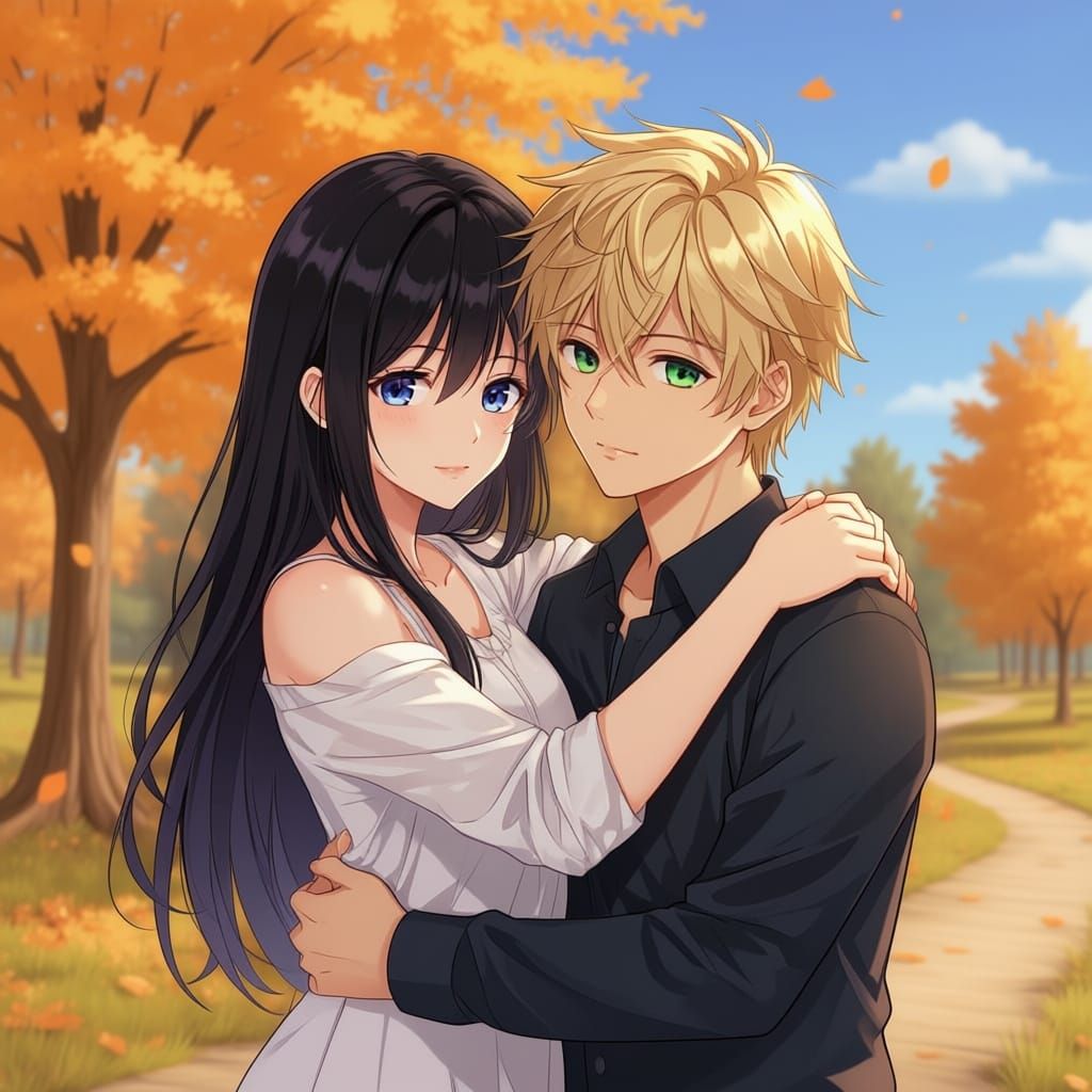 Anime Couple Embrace in Japanese Manga Style