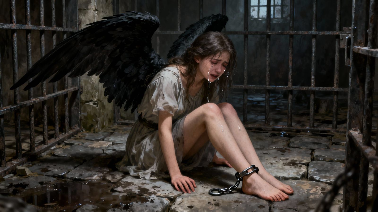 Sad Angel with Black Wings in Prison Cell