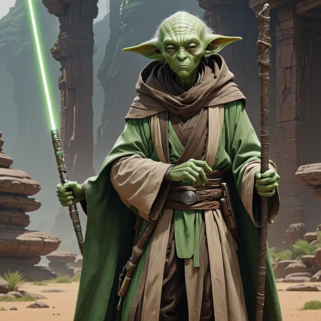 Old Alien Jedi Master in Anime-Inspired 3D Art