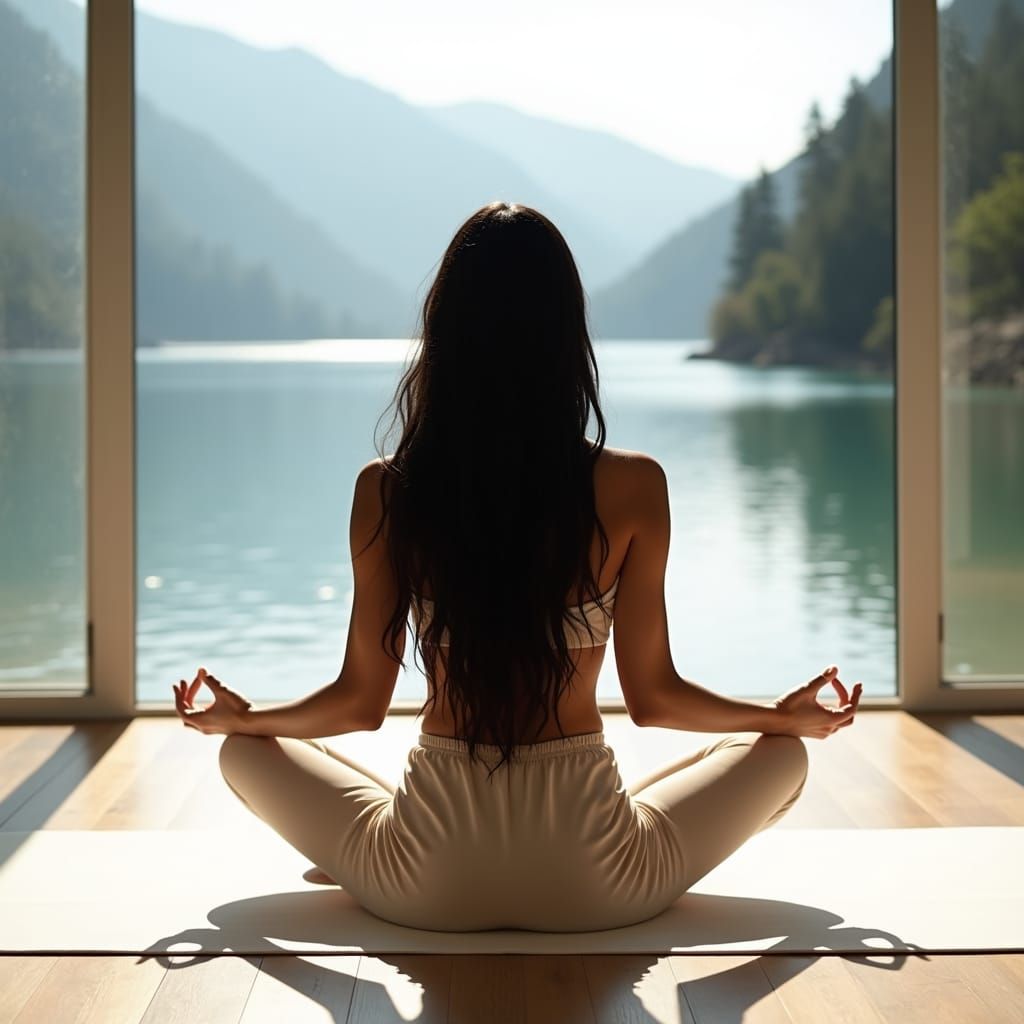 Woman in Yoga Pose with Lake View, Natural Lighting