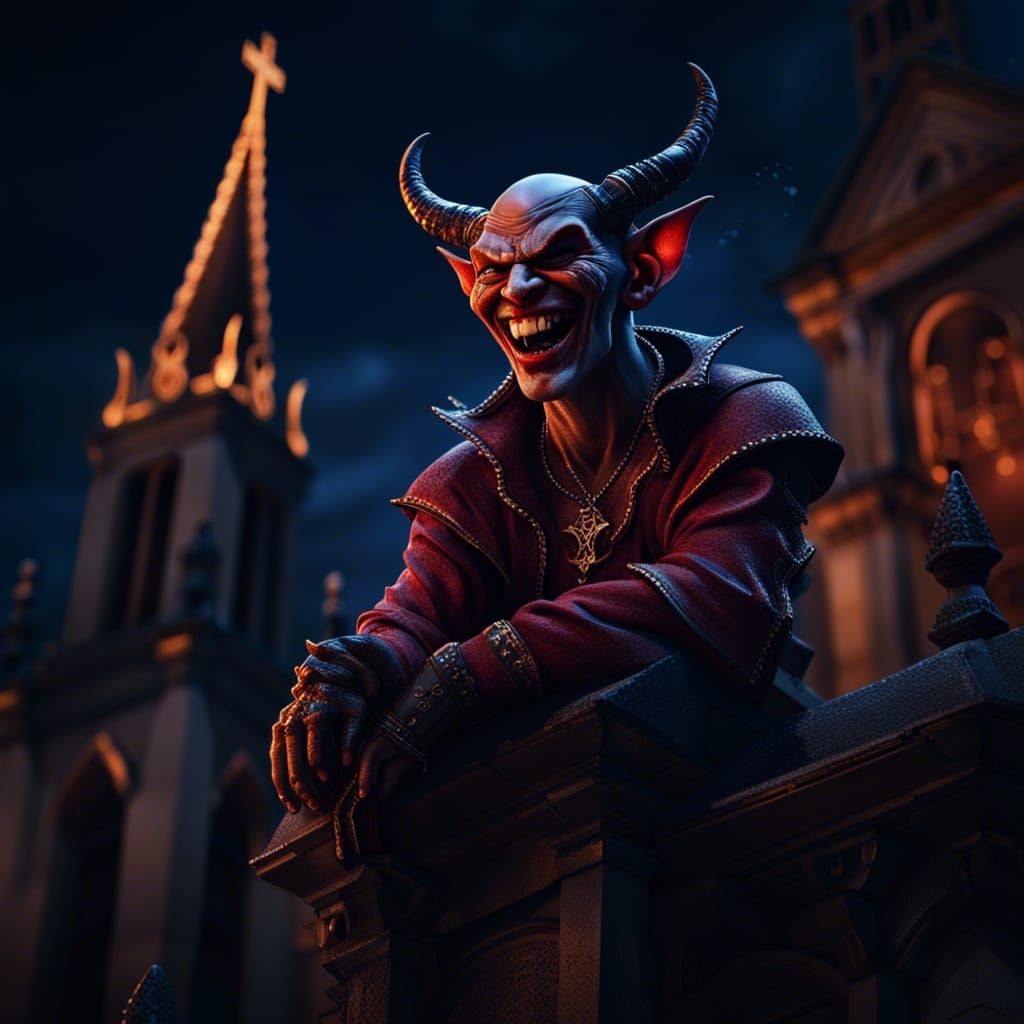 Laughing Devil on Church: Detailed Matte Painting