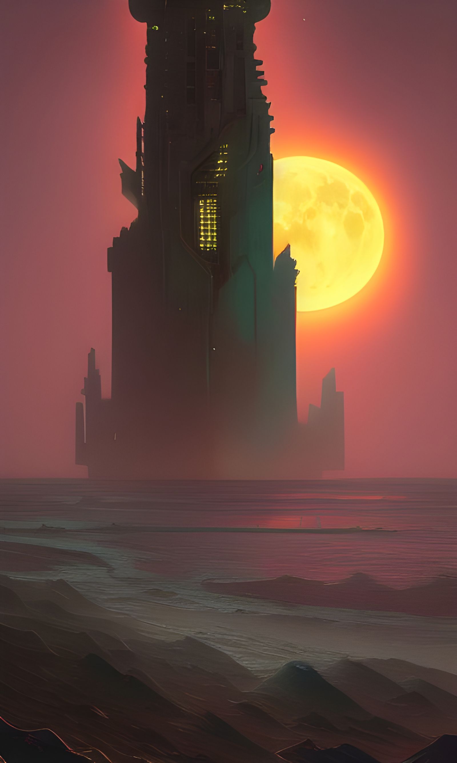 Intergalactic Brutalist Tower at Sunset in Retrofuturism