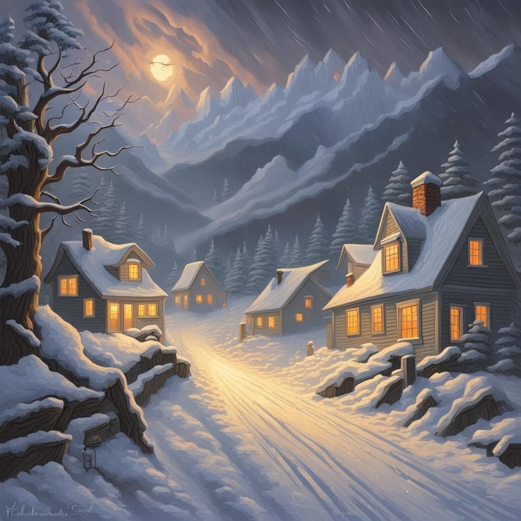 Violent Snowstorm in New England Village