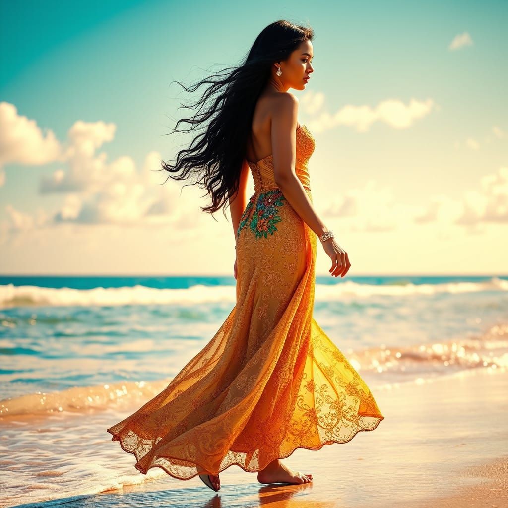 Stunning Woman in Vibrant Couture Gown Walks Along Sunlit Sh...