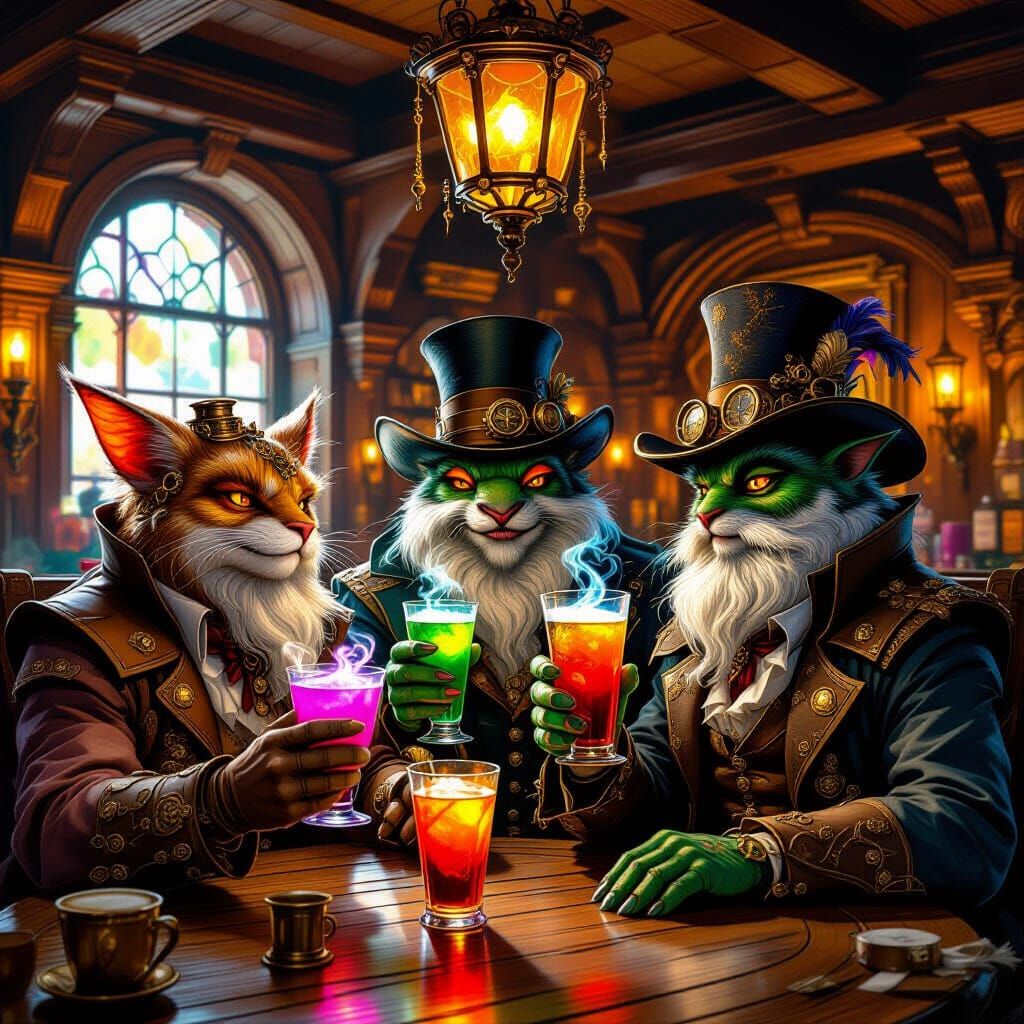 Steampunk Creatures Enjoy Drinks in a Detailed Oil Painting ...