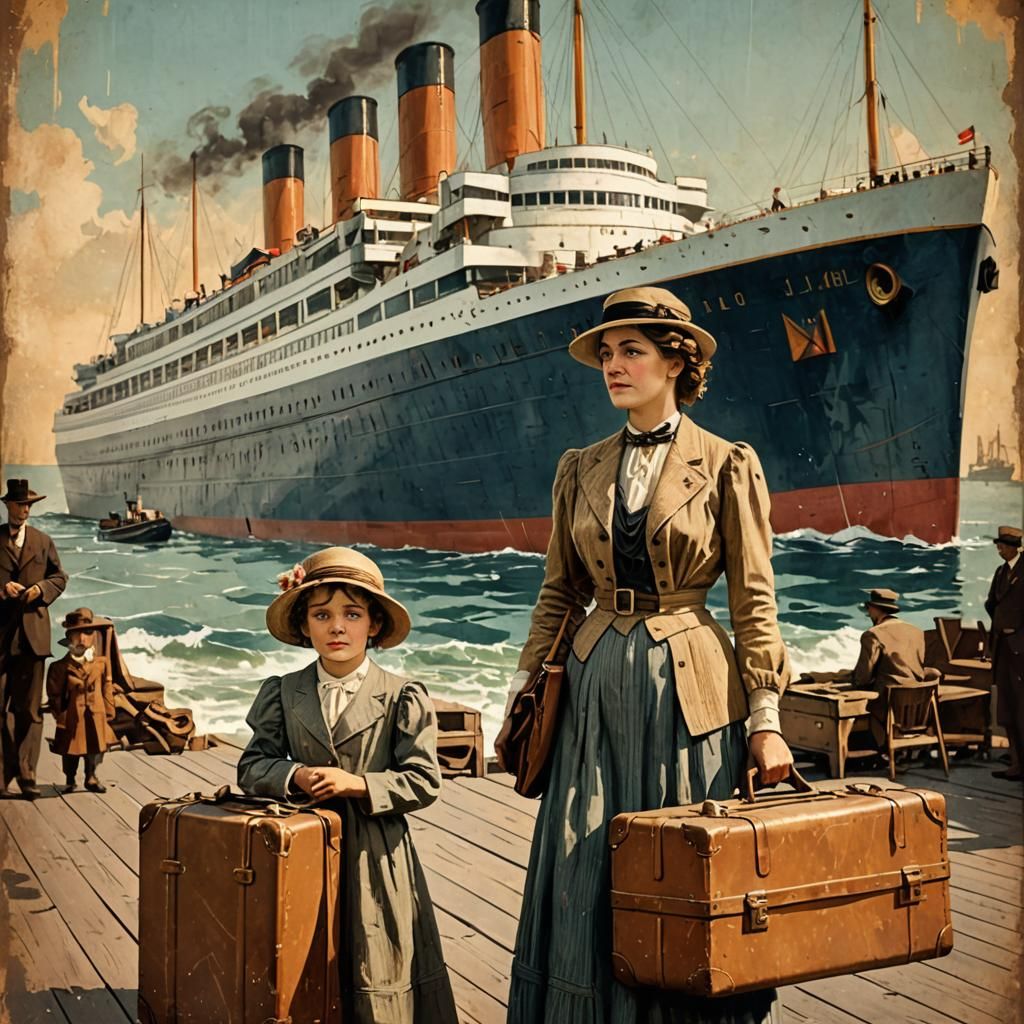 Vintage Travel Poster of Family Gazing at Ocean Liner