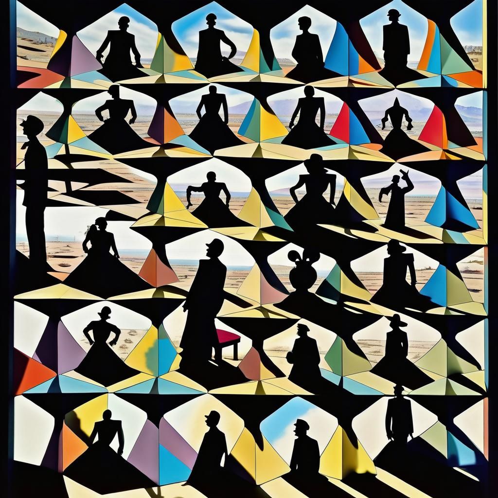 Shadowy Figures in Prismatic Surrealist Landscape