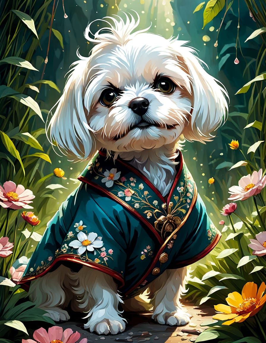 Adorable Baby Maltese in Vibrant Floral Spring Attire