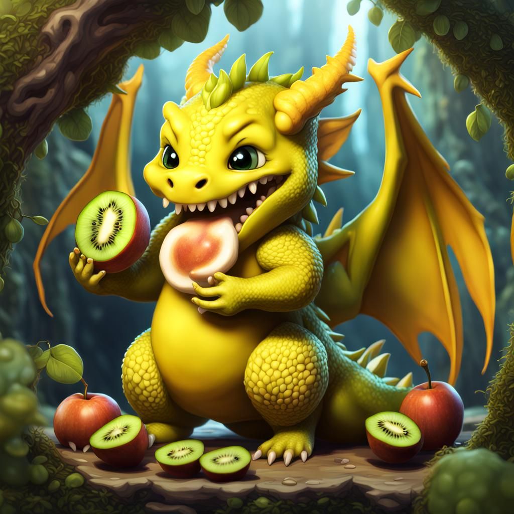 Chibi Chubby Yellow Dragon Enjoys Kiwis