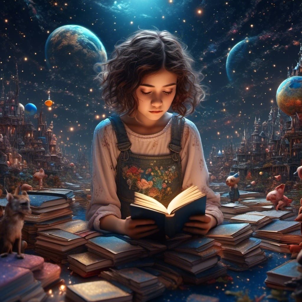Girl Reading Book in Psychedelic Starry Wonderland