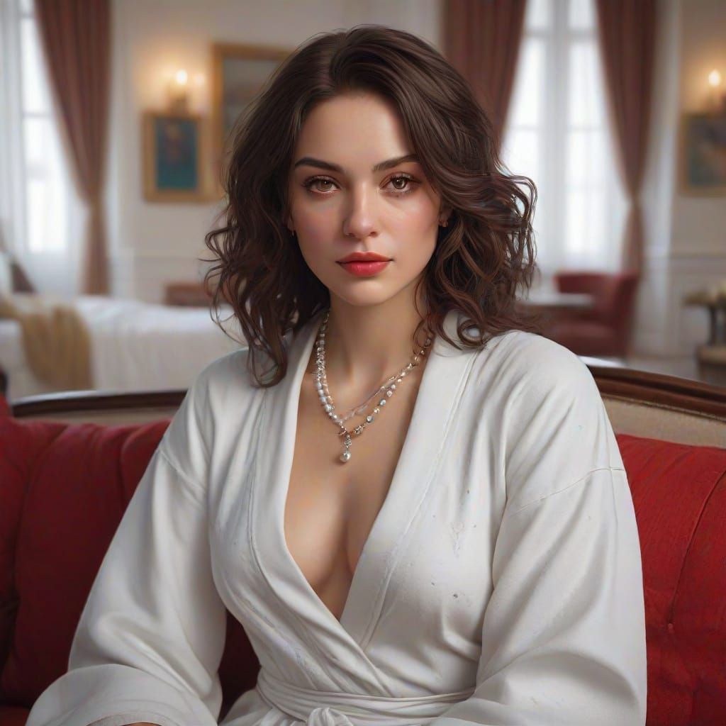 Elegant Woman in White Robe with Red Lipstick