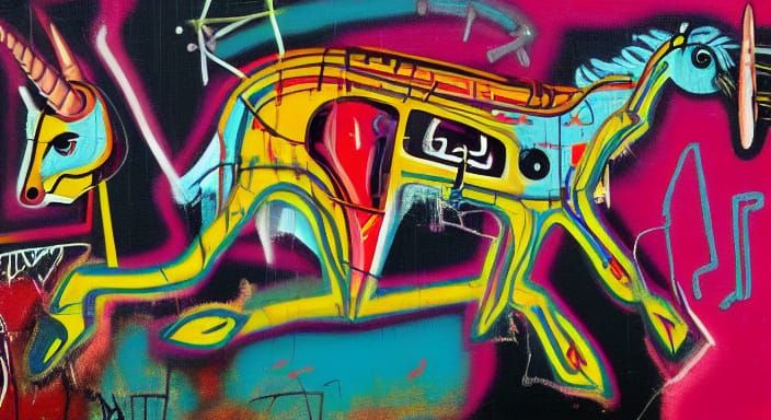 Surreal Unicorn Dissection Mural in Basquiat Style