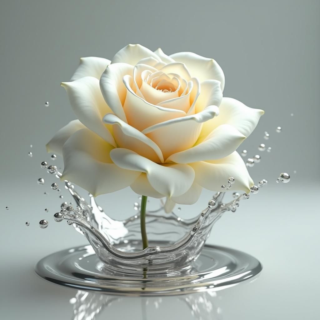 White Rose Over Silver Splash in 3D Rendered Style