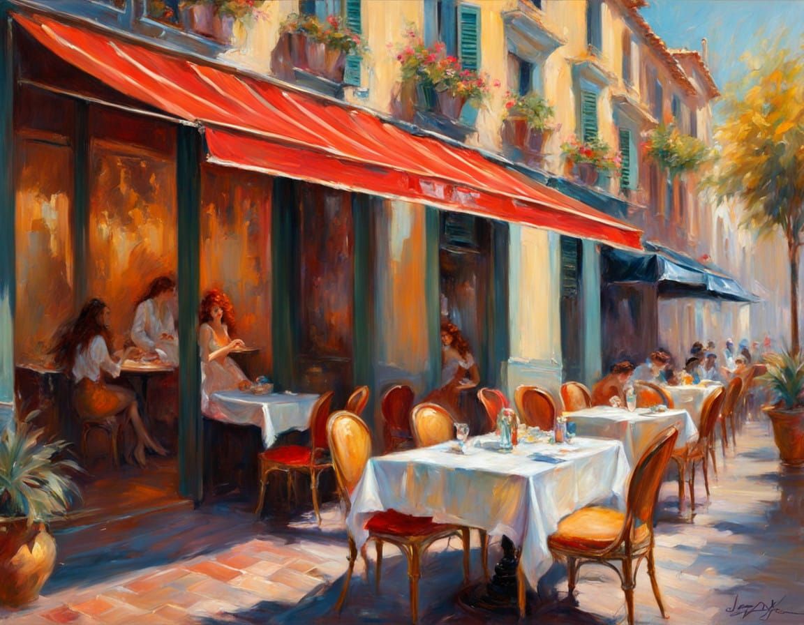 Elegant Café Scene in Soft Oil Painting Style