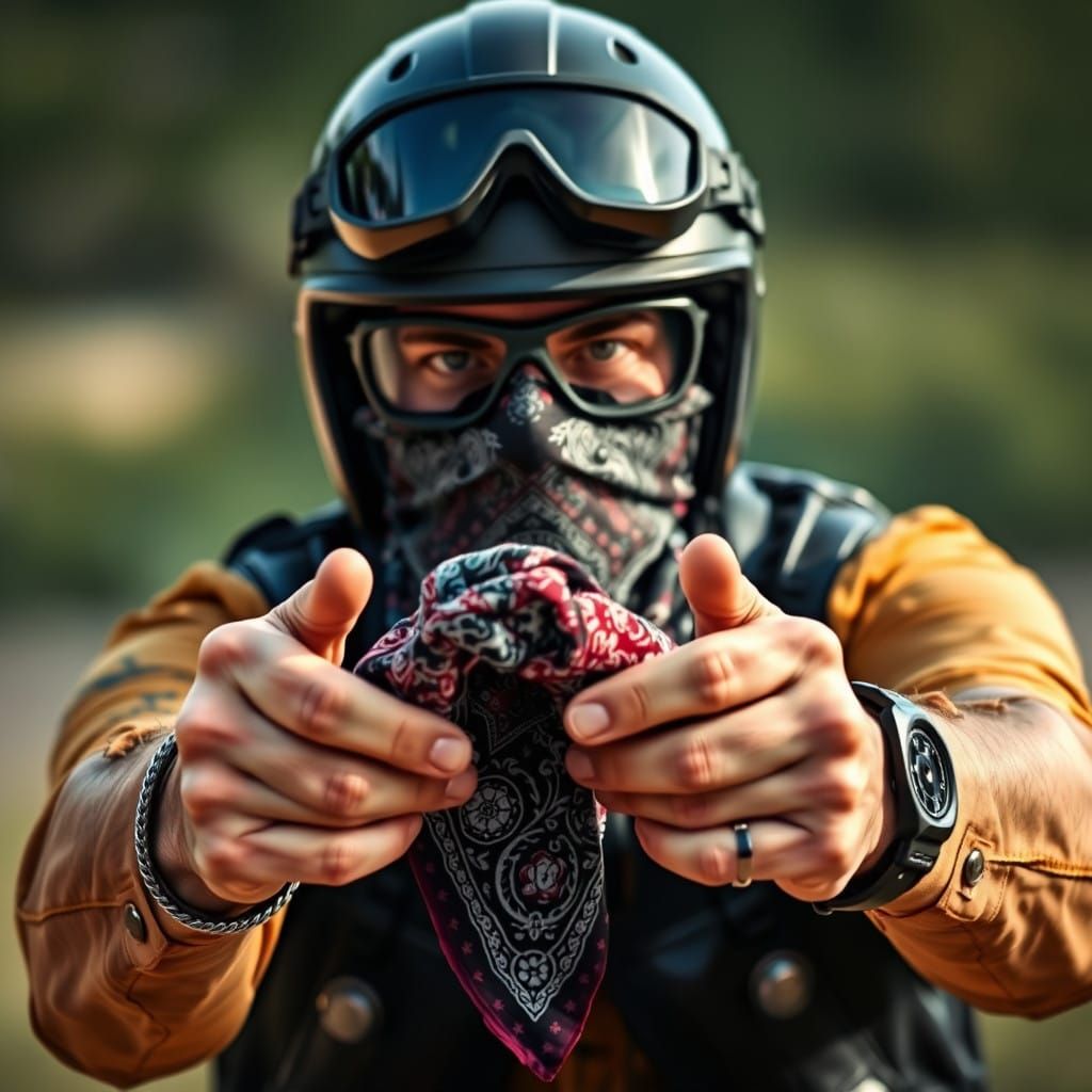 Tough Biker Intimidates with Paisley Bandana