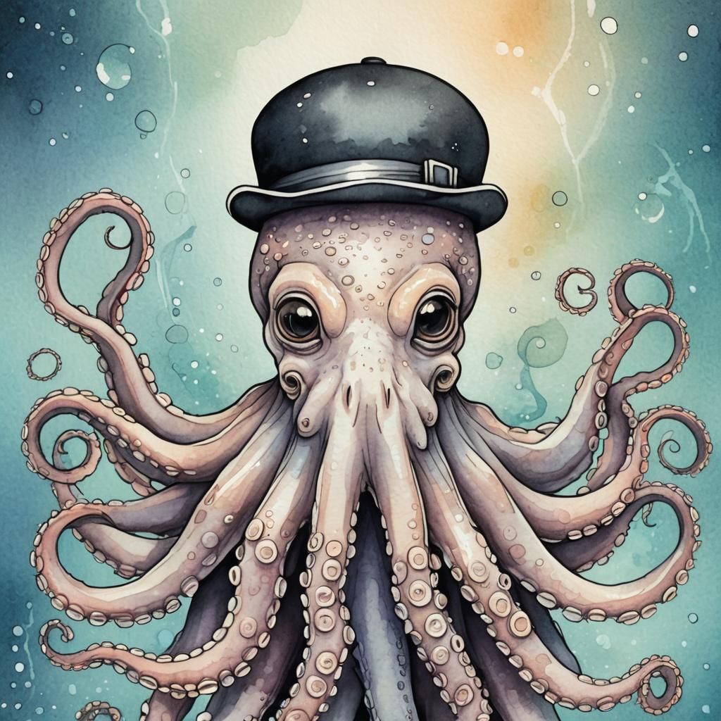 Cartoon Octopus with Hat in Black and White