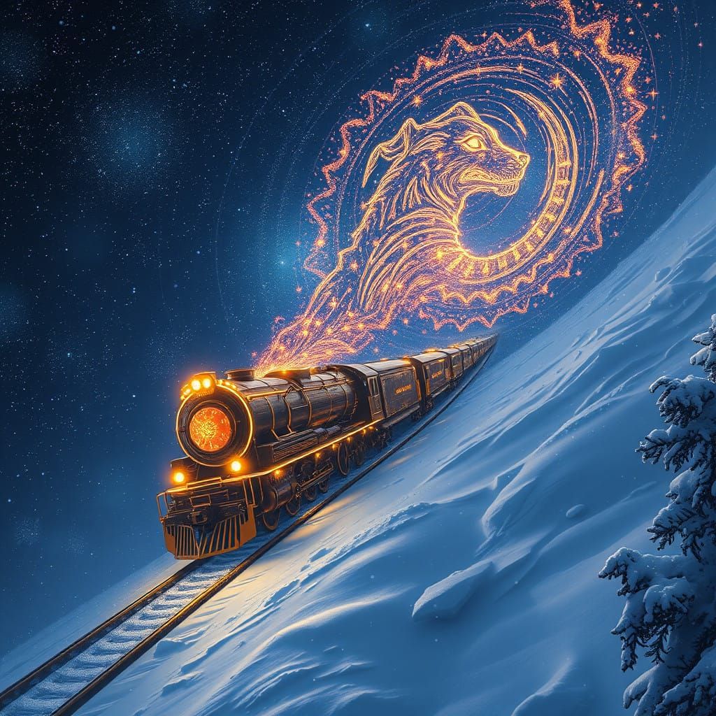 Majestic Gold-Lit Train Soars Through Starry Night Sky with...