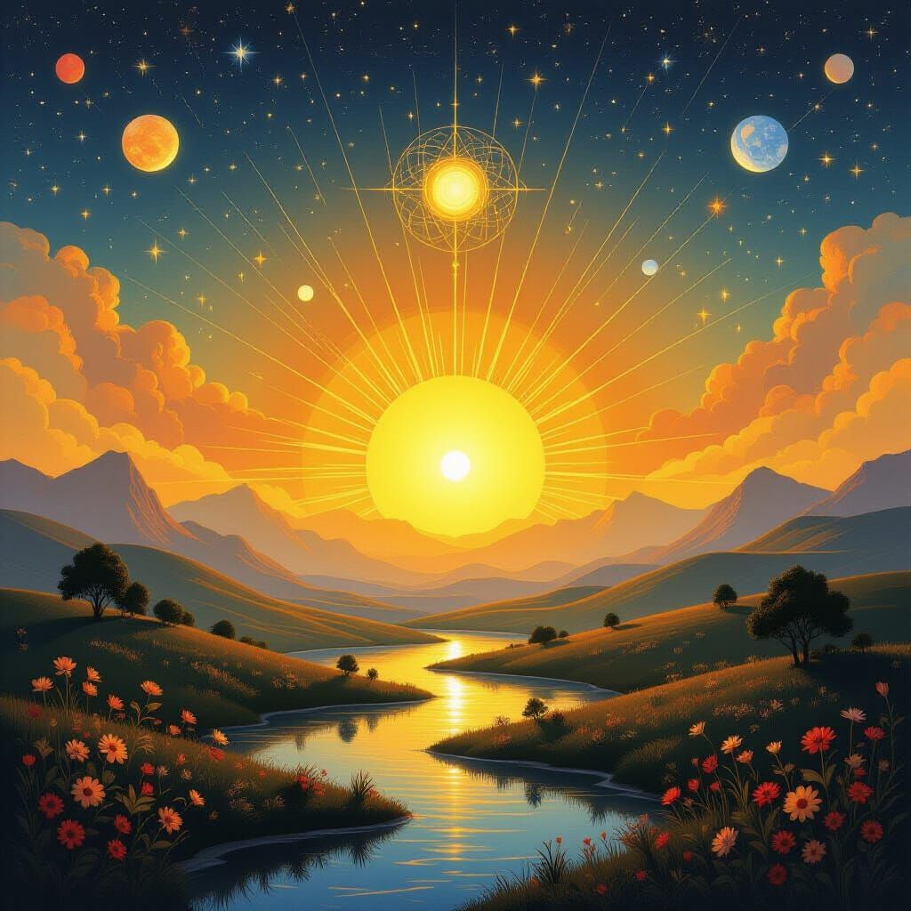 Cosmic Sunrise Over Serene Landscape with Glowing Orbs