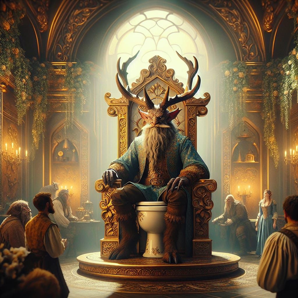 Regal Firbolg Druid on Toilet Throne in Fantasy Realm