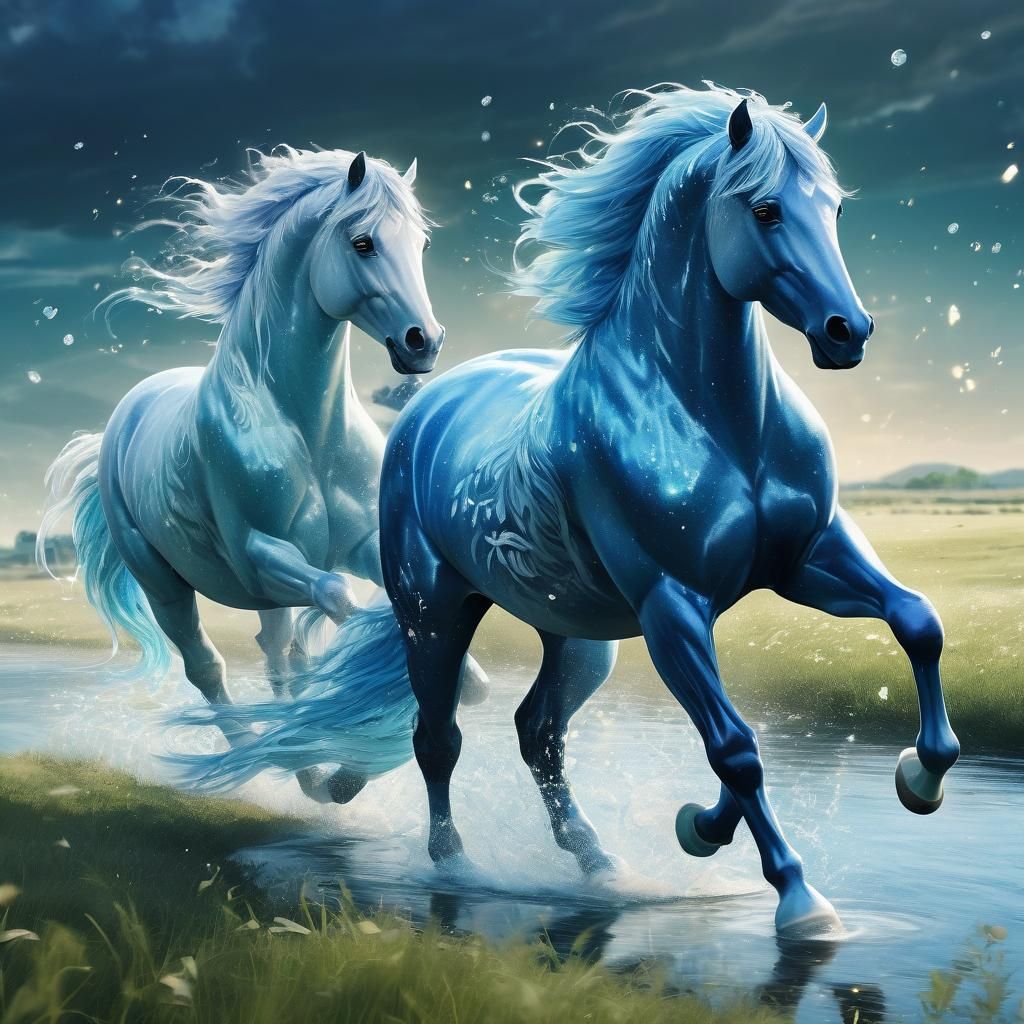 Ice and Water Horses Running in Anime Style