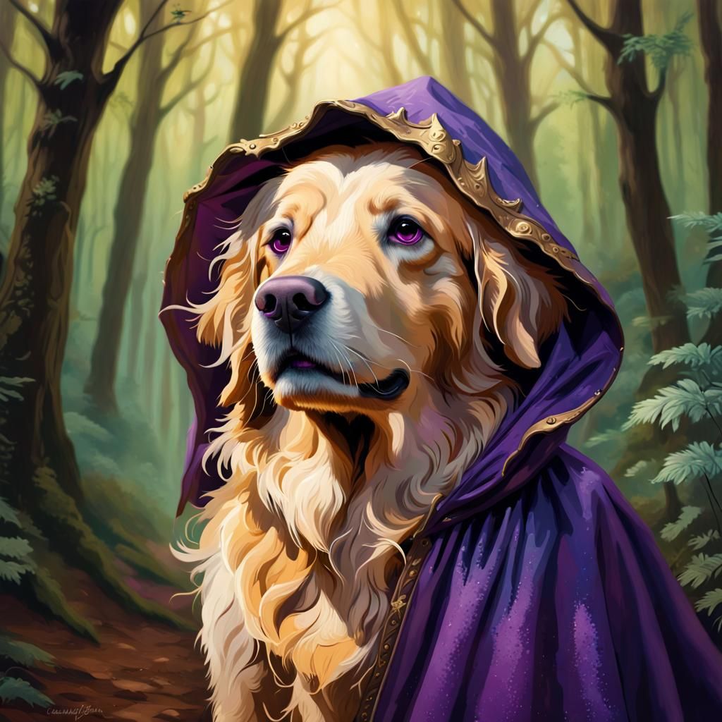 Golden Retriever Wizard in Forest, Hyperrealistic Art