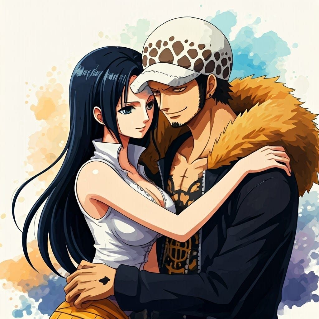 Nico Robin Hugs Trafalgar Law in Anime Style