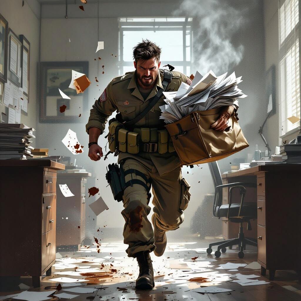 Exhausted Soldier Rushes Into Office With Coffee-Stained Uni...