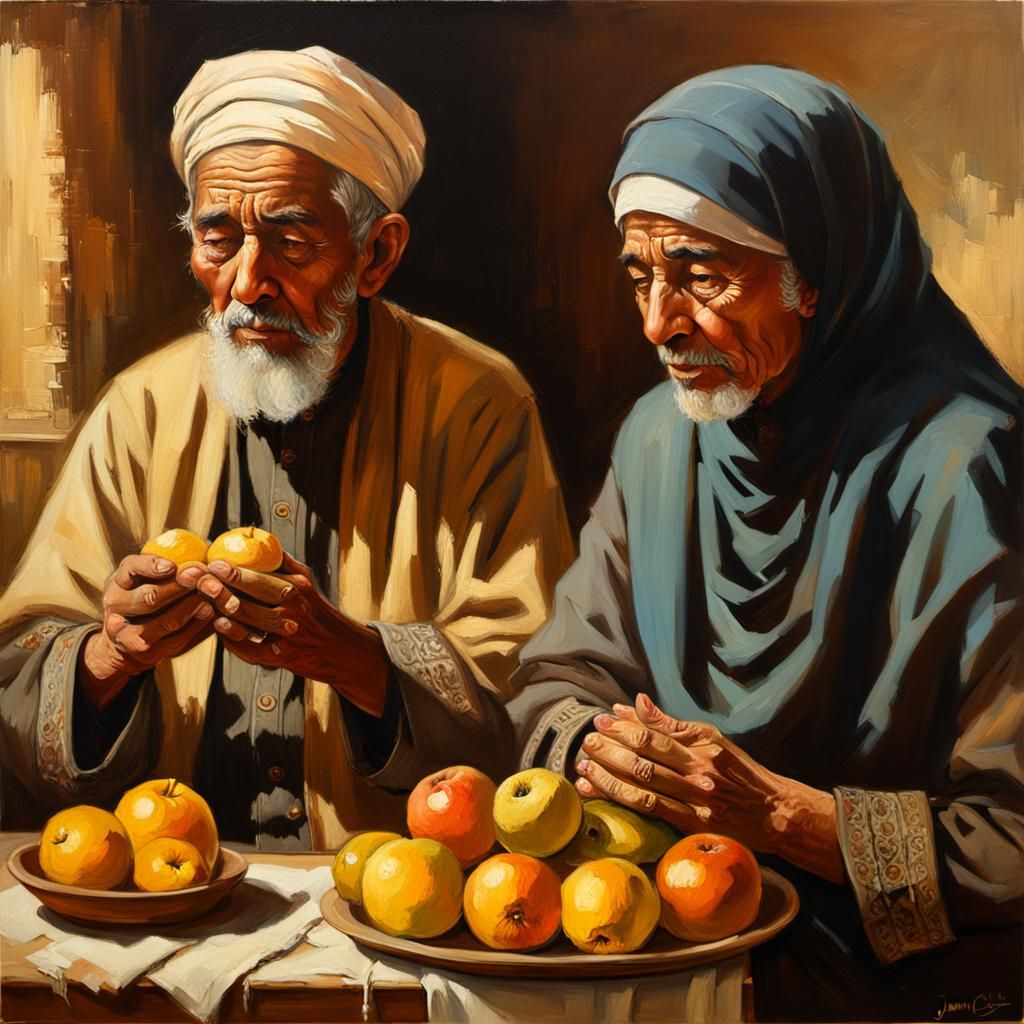 Muslim Couple Praying: Oil Painting in Old Masters Style