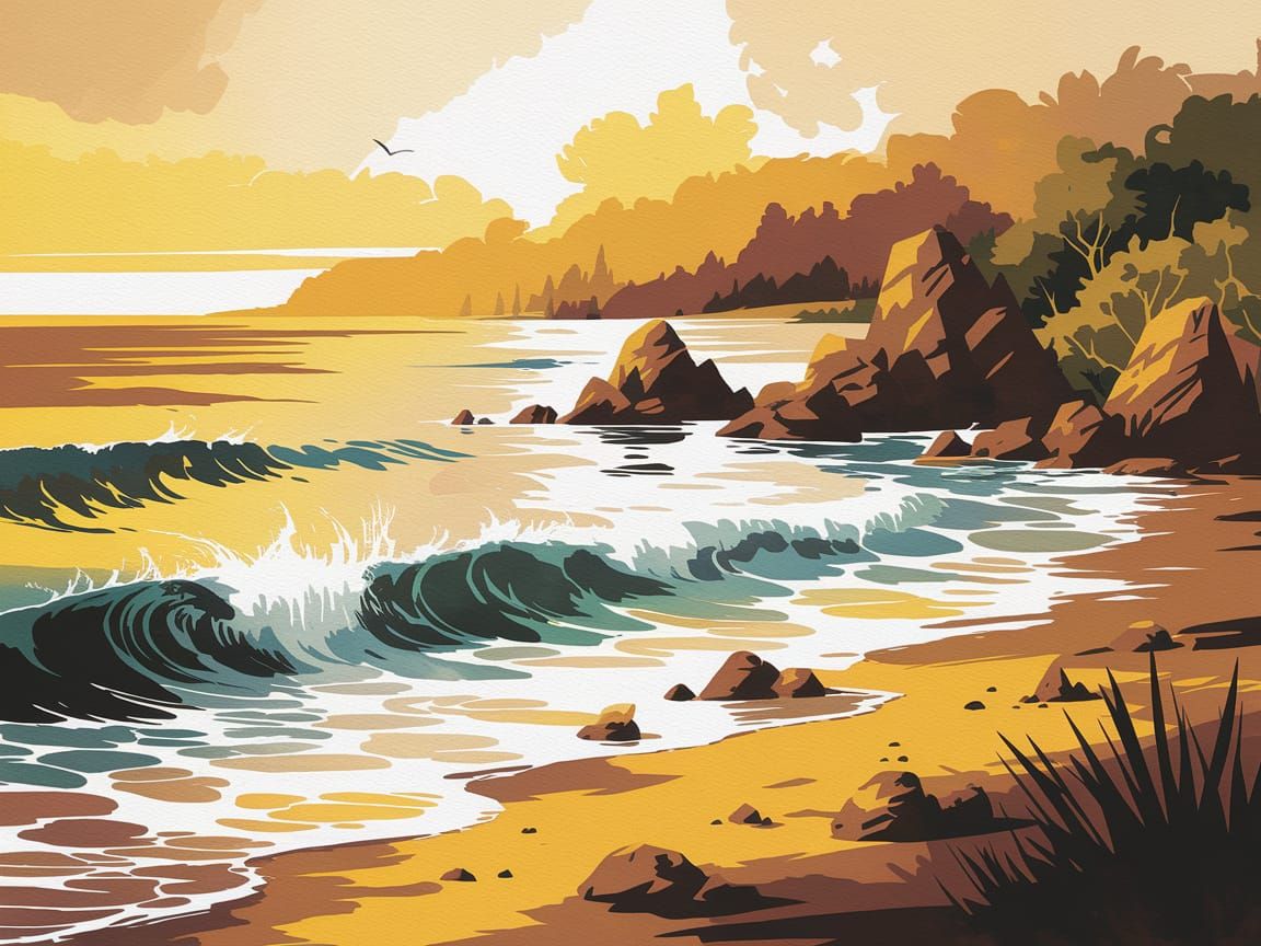 Warm Abstract Seascape with Golden Yellow and Earthy Brown T...