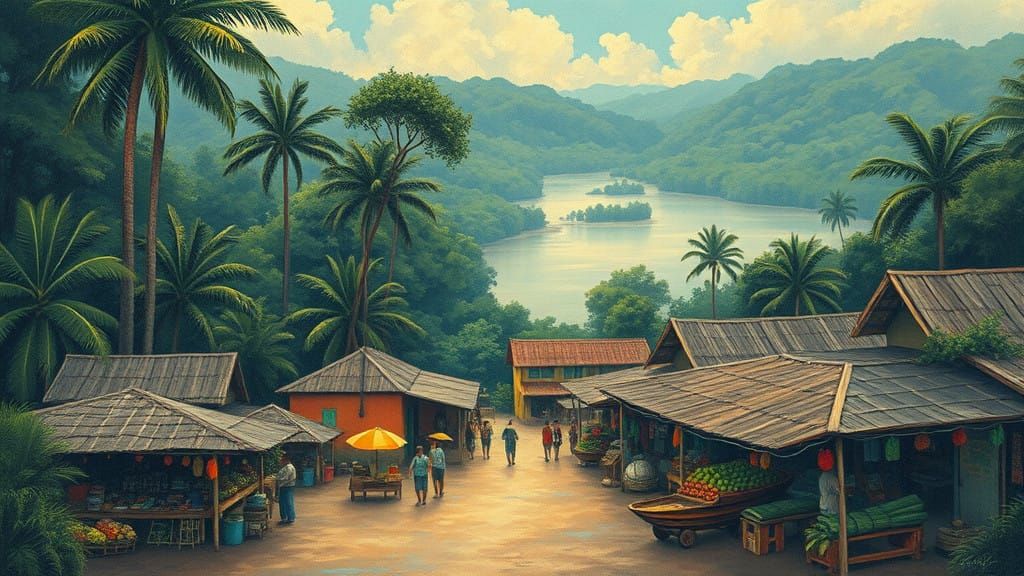 Vibrant Market Scene in Amazon Rainforest, Inspired by Hiros...