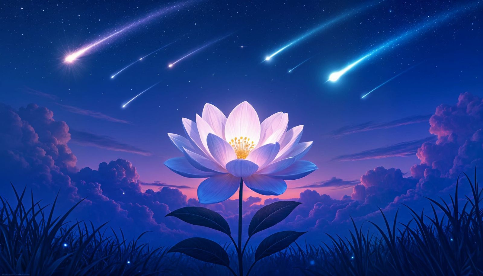 Glowing Flower Blooms Under Comet-Filled Twilight Sky