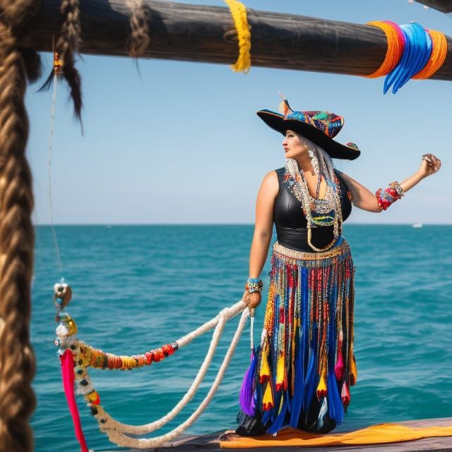 Rainbow Pirate Woman on Ship in Art Nouveau