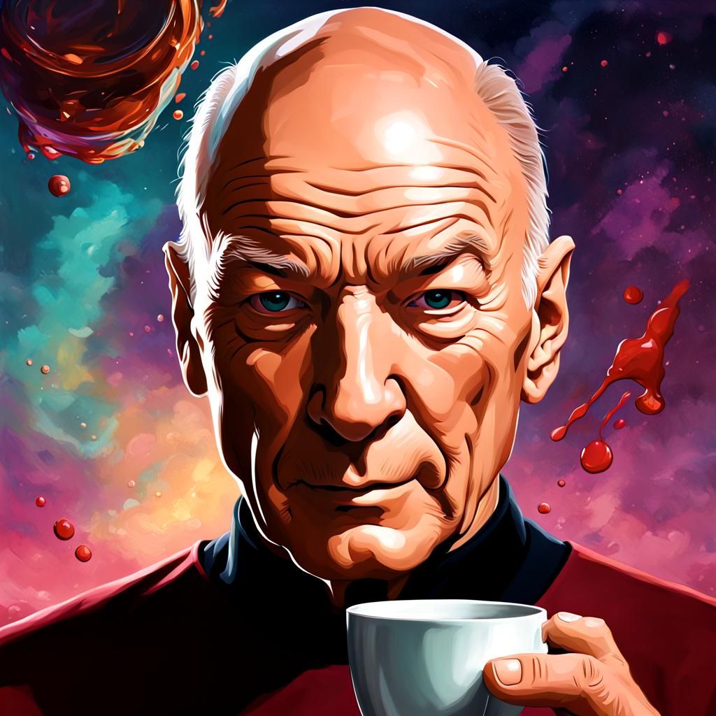 Hyperrealistic Portrait of Jean-Luc Picard Drinking Tea