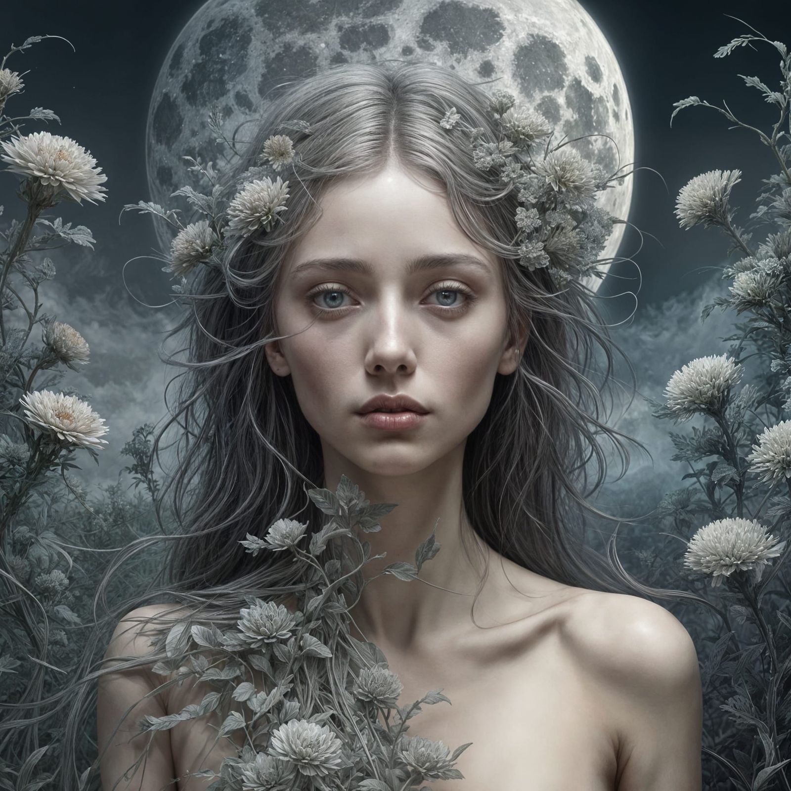 Mysterious Woman of Plant Stems Under Full Moon