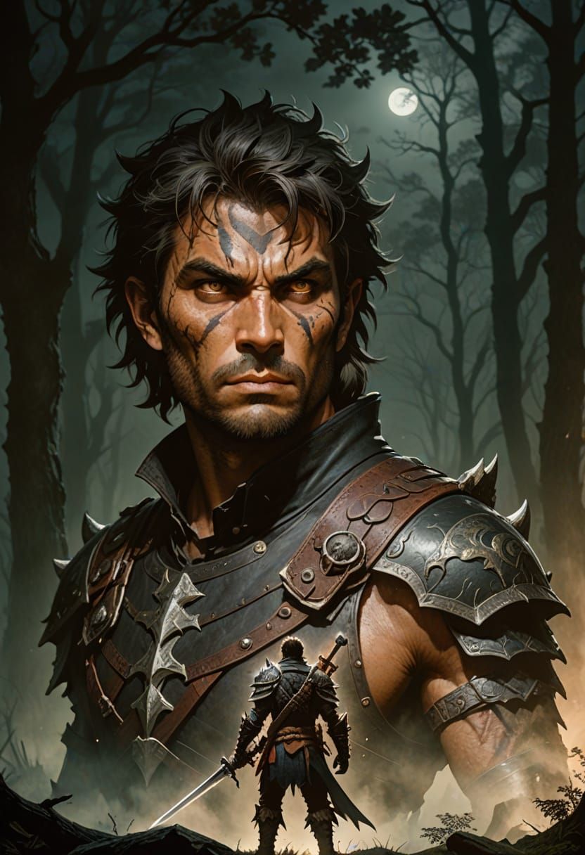 Sword-Wielding Monster Hunter in Dark Fantasy Landscape